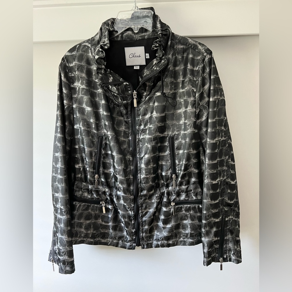 Chaus Black Gray Pattern Zip Up Medium Weight Lined Jacket Size M